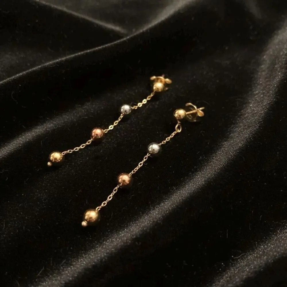 14K Tri-Color Gold Hanging Ball Earrings By Tehrani Jewelry